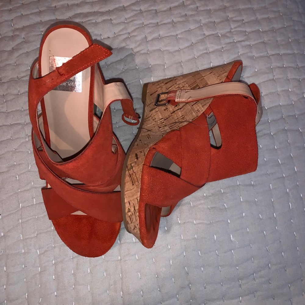 Orange suede cork wedges